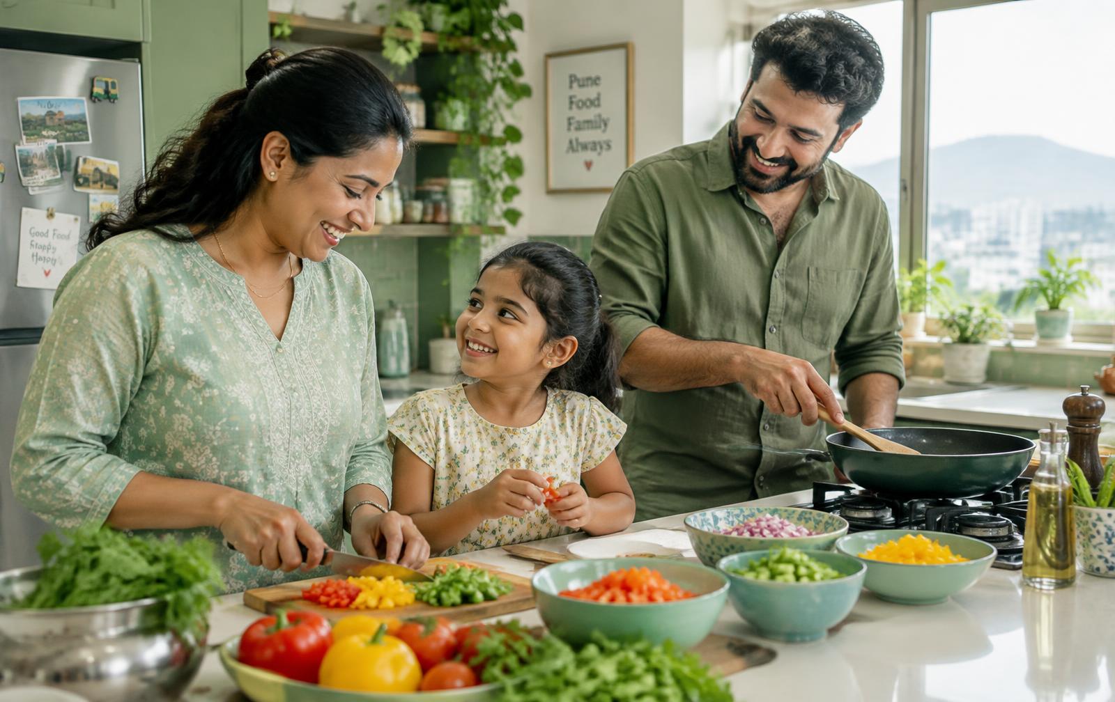 A family cooking together with freshly chopped vegetables
