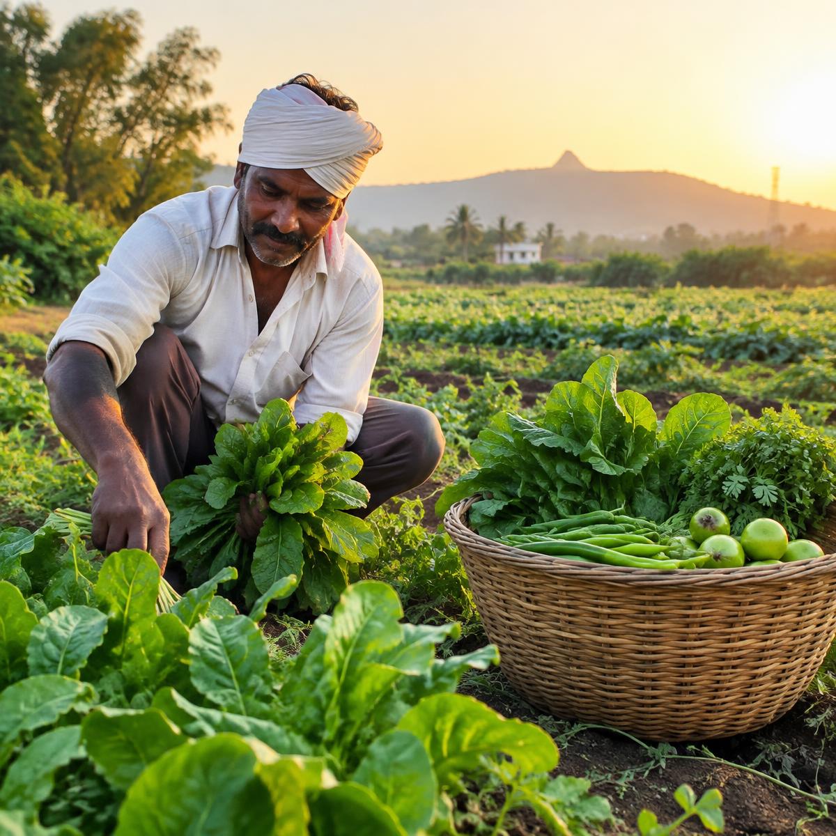 A farmer harvesting fresh greens