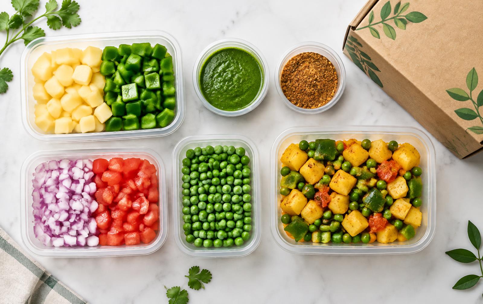 A ready-to-cook kit with pre-cut vegetables, chutney and spice mix