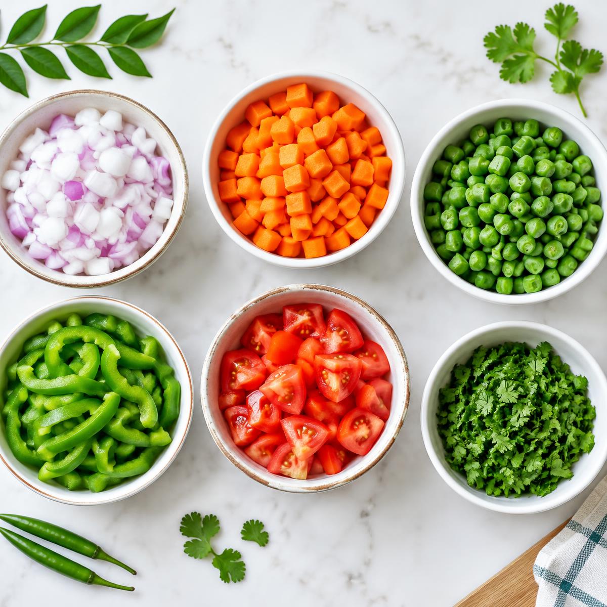 Bowls of freshly chopped vegetables